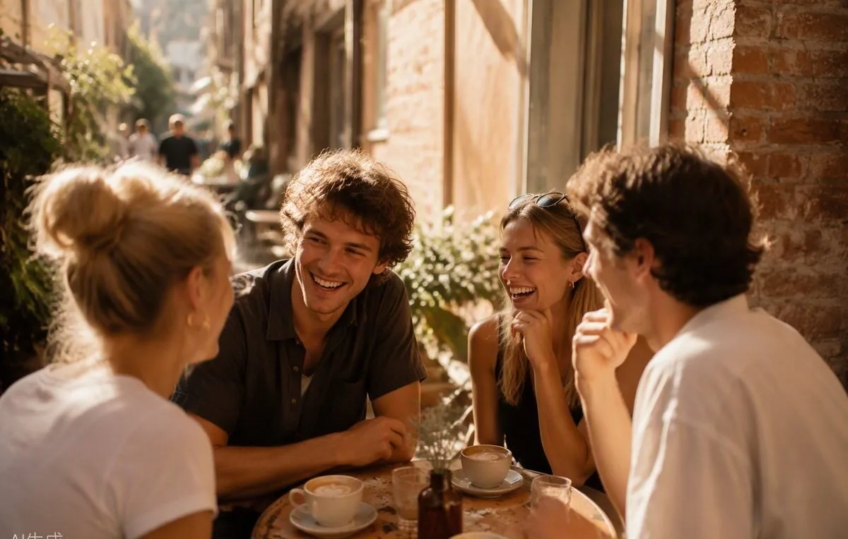Two people laughing over flat whites at a café table