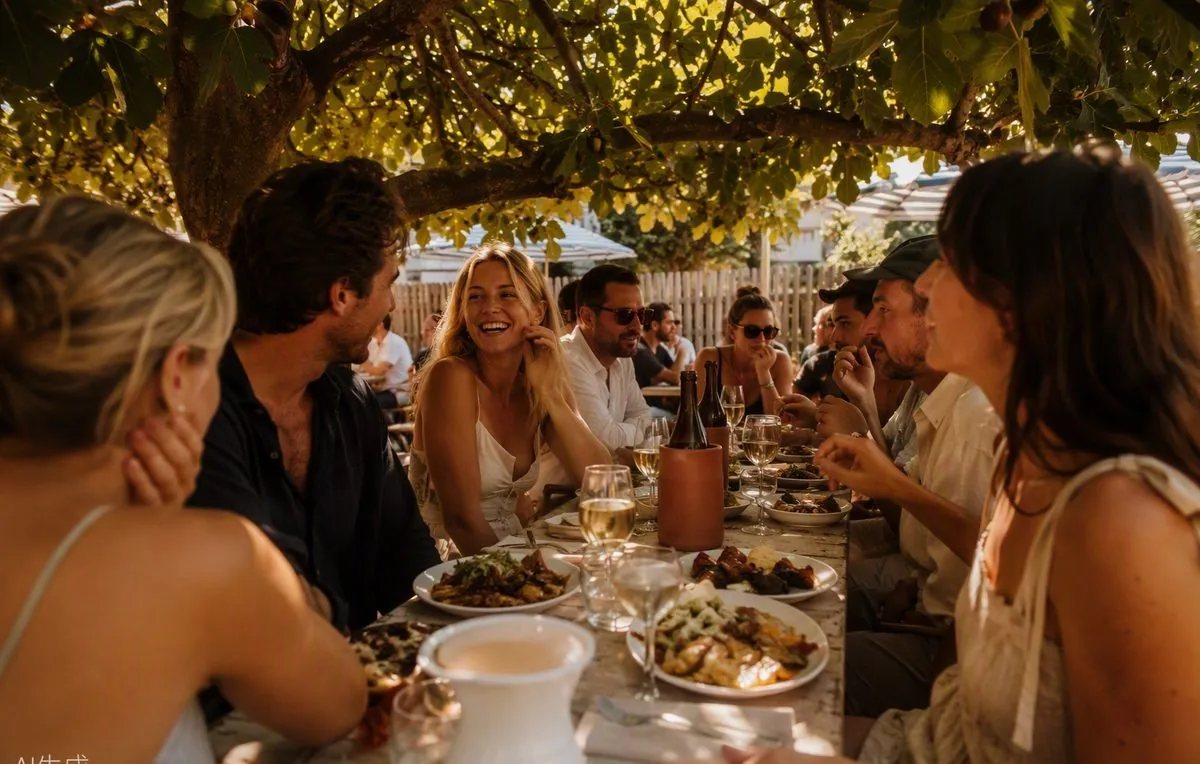 A long lunch table rolling into the afternoon