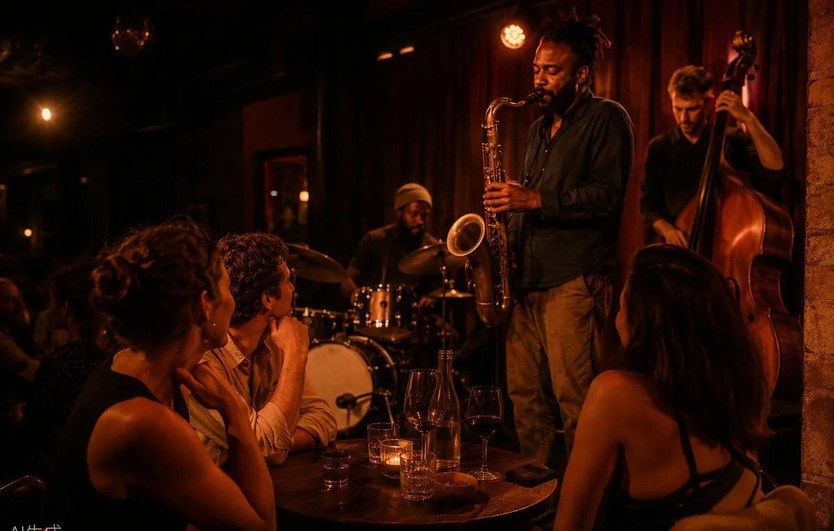 A small live gig, warm lights, a table near the front