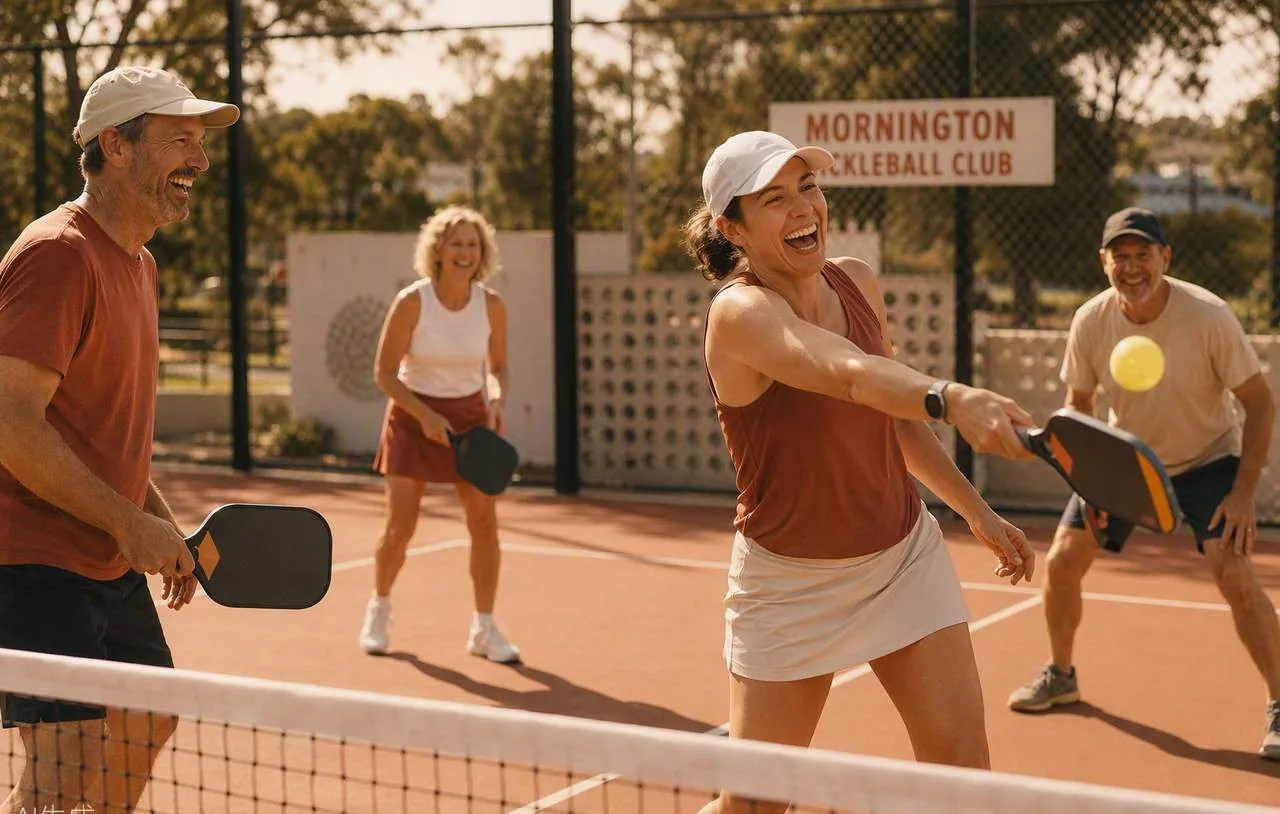 A social pickleball rally in golden light