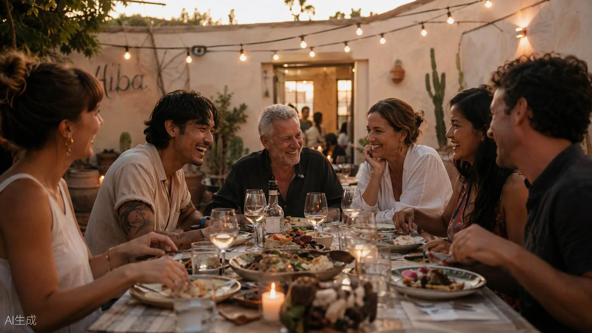 Six friends around a long dinner table at golden hour, mid-laugh
